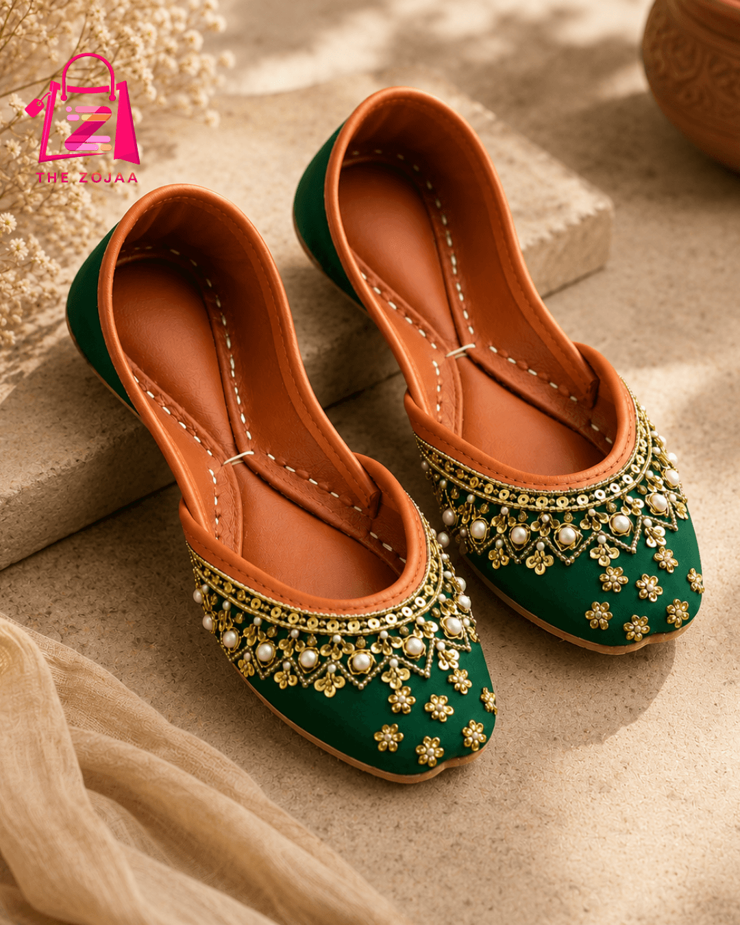 Luxury Green & Gold Embellished Khussa